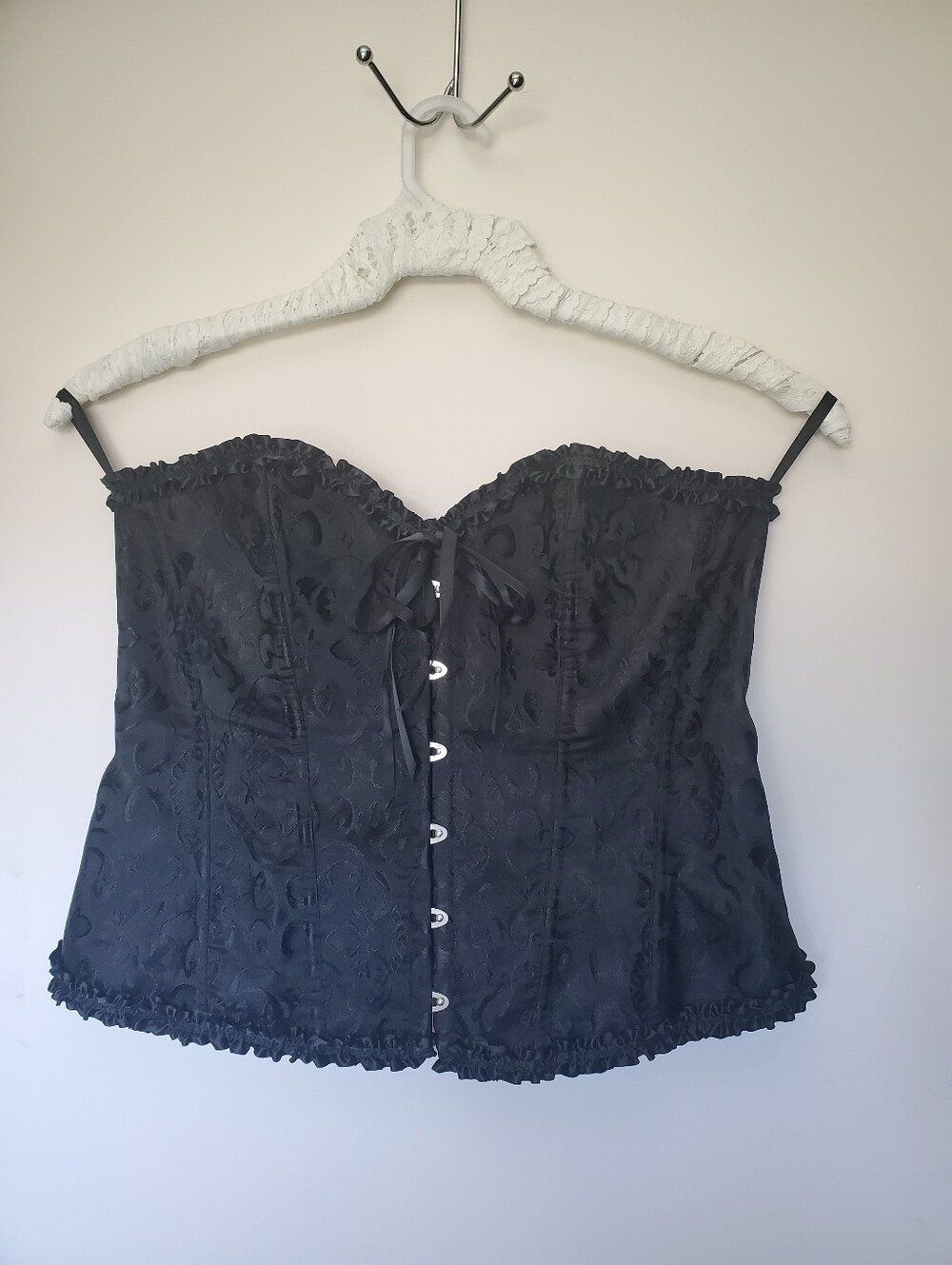 Womens Jaquard Floral Black Hook Front Lace Up Back Corset Top Ruffle Trim Sz 1X